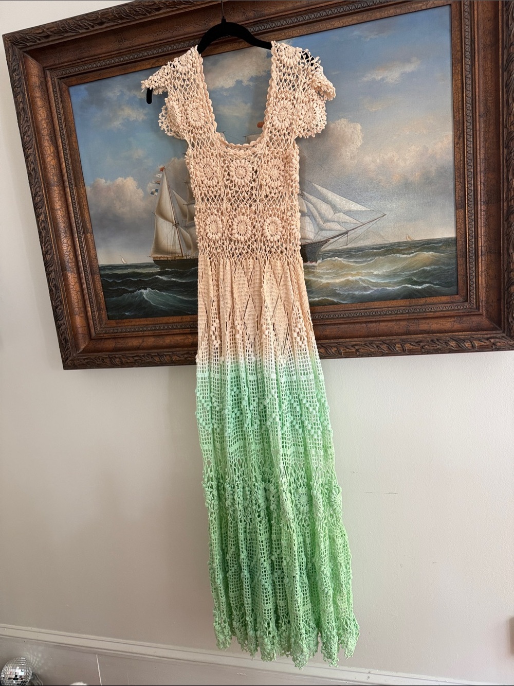 ALIX PINHO Crochet Ombre Maxi Dress in beige and Mint Green